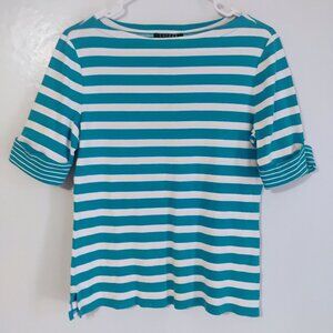 Lauren Ralph Lauren Nautical Striped Cotton Roll Sleeve Top L